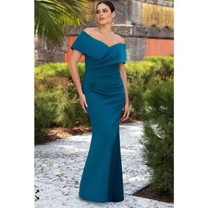 Betsy & Adam Teal Off-Shoulder Maxi Dress